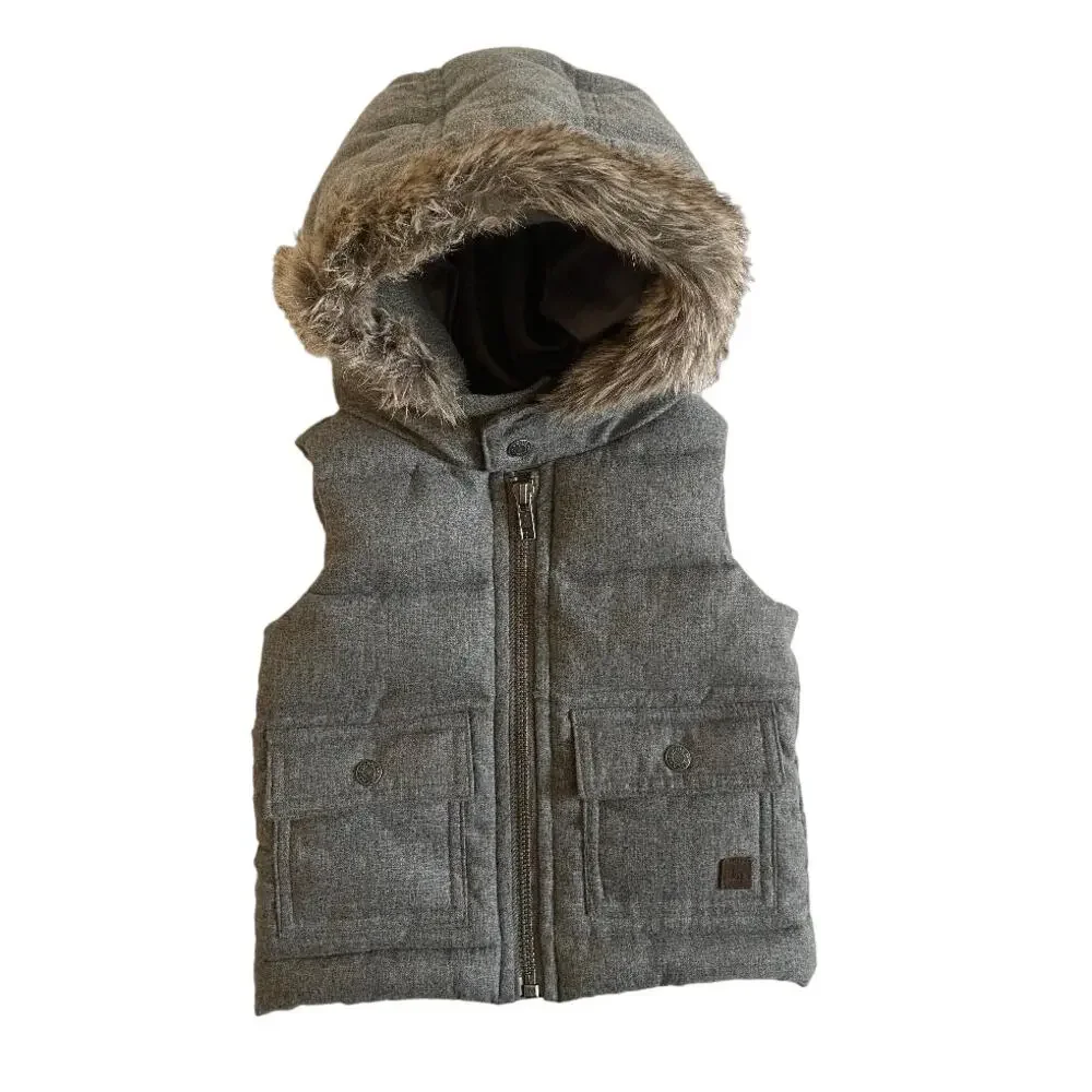 Kids Gray Quilted Hooded Vest Faux Fur Trim‎ Puffer Pockets Zipper Closure 3-6M